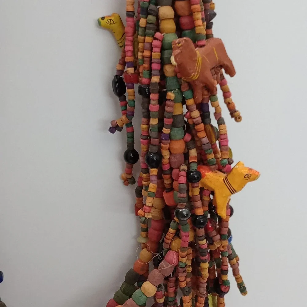 African Trade Bead Necklace Multi Strand Wood Animal Fringe Statement